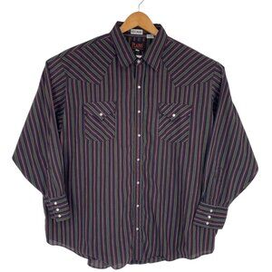 Vintage Plains Pearl Snap Western Shirt Big Man 2X Burgundy Navy Striped L/S